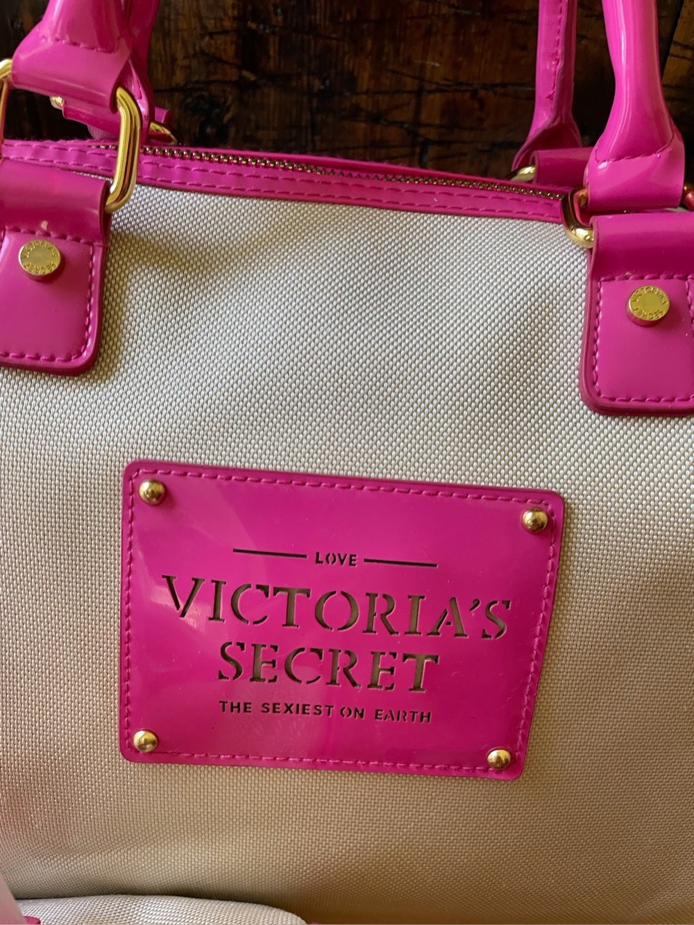 Victoria's Secret Weekender Duffel Bag Canvas Cream Hot Pink Y2K Travel Satchel - Picture 11 of 13